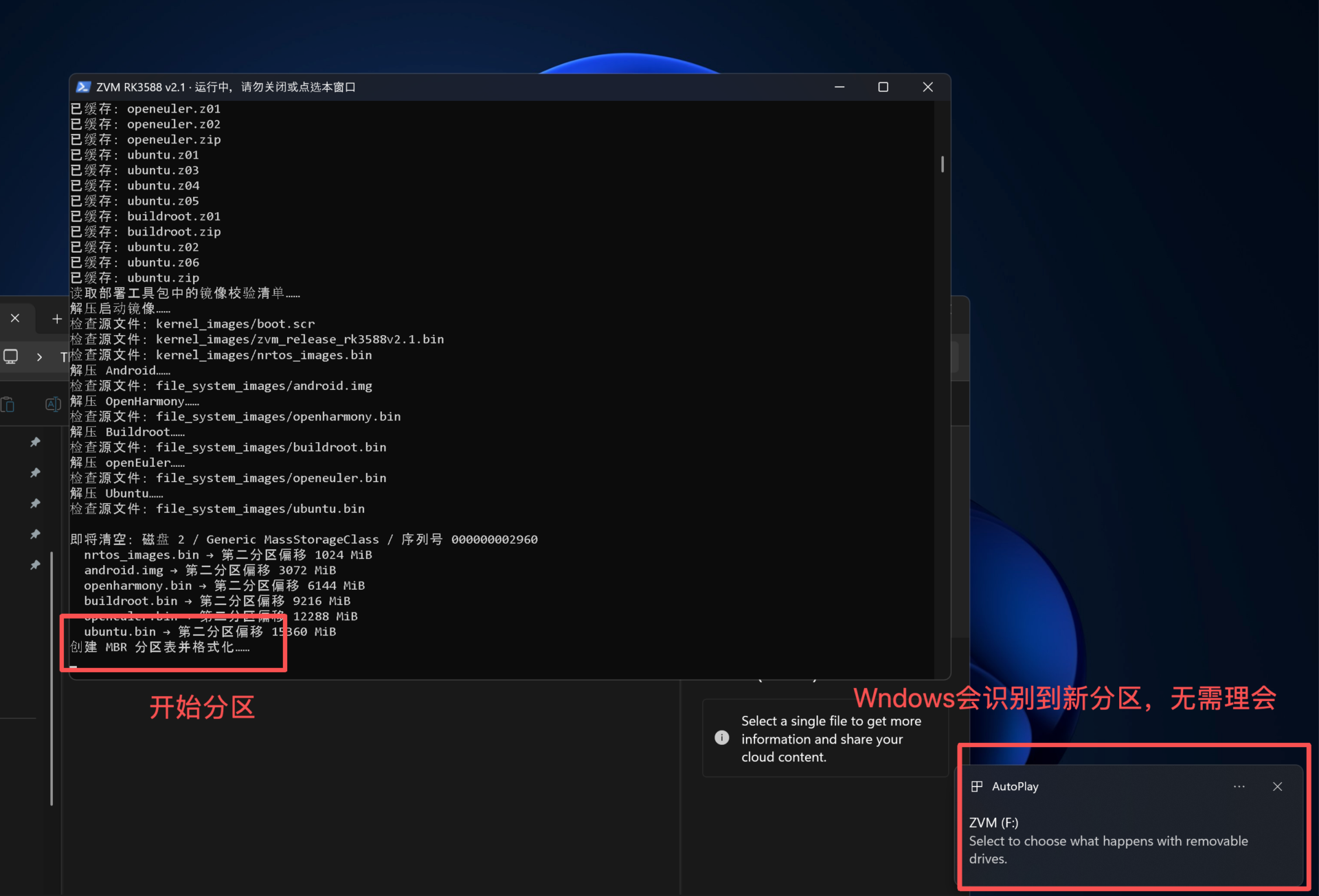 终端显示创建 MBR 分区表并格式化，同时桌面右下角弹出 ZVM 分区的 AutoPlay 提示，两处均用红框标出